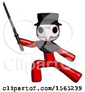 Poster, Art Print Of Red Plague Doctor Man With Ninja Sword Katana In Defense Pose