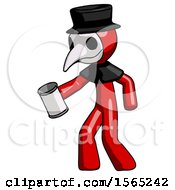 Poster, Art Print Of Red Plague Doctor Man Begger Holding Can Begging Or Asking For Charity Facing Left