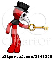 Poster, Art Print Of Red Plague Doctor Man With Big Key Of Gold Opening Something