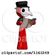 Poster, Art Print Of Red Plague Doctor Man Reading Book While Standing Up Facing Away