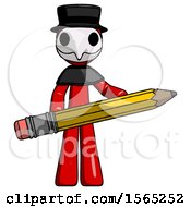 Red Plague Doctor Man Writer Or Blogger Holding Large Pencil