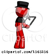 Poster, Art Print Of Red Plague Doctor Man Looking At Tablet Device Computer Facing Away