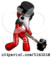 Poster, Art Print Of Red Plague Doctor Man Hitting With Sledgehammer Or Smashing Something At Angle
