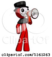 Poster, Art Print Of Red Plague Doctor Man Shouting Into Megaphone Bullhorn Facing Right