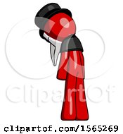 Poster, Art Print Of Red Plague Doctor Man Depressed With Head Down Back To Viewer Left