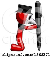 Poster, Art Print Of Red Plague Doctor Man Posing With Giant Pen In Powerful Yet Awkward Manner