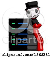Poster, Art Print Of Red Plague Doctor Man Resting Against Server Rack Viewed At Angle