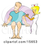 Pretty Blond Female Nurse Giving A Man A Vaccination Shot As He Sits And Twitches In A Hospital Gown Clipart Illustration