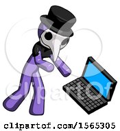 Poster, Art Print Of Purple Plague Doctor Man Throwing Laptop Computer In Frustration