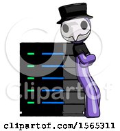 Purple Plague Doctor Man Resting Against Server Rack Viewed At Angle