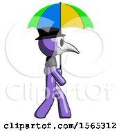 Poster, Art Print Of Purple Plague Doctor Man Walking With Colored Umbrella