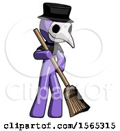 Poster, Art Print Of Purple Plague Doctor Man Sweeping Area With Broom