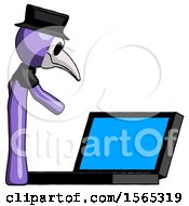 Poster, Art Print Of Purple Plague Doctor Man Using Large Laptop Computer Side Orthographic View