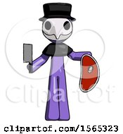 Poster, Art Print Of Purple Plague Doctor Man Holding Large Steak With Butcher Knife