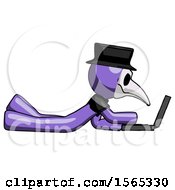 Poster, Art Print Of Purple Plague Doctor Man Using Laptop Computer While Lying On Floor Side View