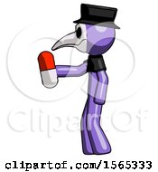 Purple Plague Doctor Man Holding Red Pill Walking To Left