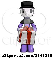 Poster, Art Print Of Purple Plague Doctor Man Gifting Present With Large Bow Front View