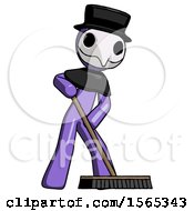 Poster, Art Print Of Purple Plague Doctor Man Cleaning Services Janitor Sweeping Floor With Push Broom