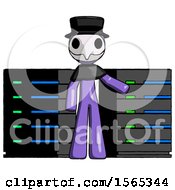 Poster, Art Print Of Purple Plague Doctor Man With Server Racks In Front Of Two Networked Systems