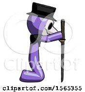 Poster, Art Print Of Purple Plague Doctor Man Kneeling With Ninja Sword Katana Showing Respect