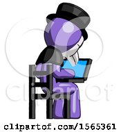 Poster, Art Print Of Purple Plague Doctor Man Using Laptop Computer While Sitting In Chair View From Back