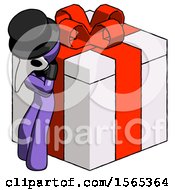 Poster, Art Print Of Purple Plague Doctor Man Leaning On Gift With Red Bow Angle View
