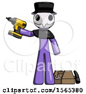 Poster, Art Print Of Purple Plague Doctor Man Holding Drill Ready To Work Toolchest And Tools To Right