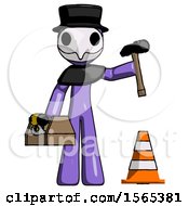 Poster, Art Print Of Purple Plague Doctor Man Under Construction Concept Traffic Cone And Tools