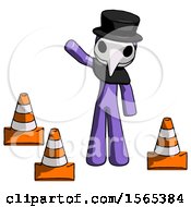 Poster, Art Print Of Purple Plague Doctor Man Standing By Traffic Cones Waving