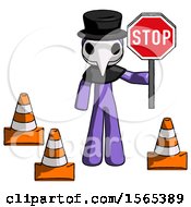 Poster, Art Print Of Purple Plague Doctor Man Holding Stop Sign By Traffic Cones Under Construction Concept