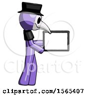 Poster, Art Print Of Purple Plague Doctor Man Show Tablet Device Computer To Viewer Blank Area
