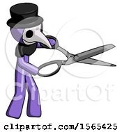 Poster, Art Print Of Purple Plague Doctor Man Holding Giant Scissors Cutting Out Something