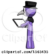Poster, Art Print Of Purple Plague Doctor Man Looking At Tablet Device Computer With Back To Viewer