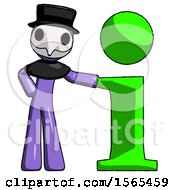 Poster, Art Print Of Purple Plague Doctor Man With Info Symbol Leaning Up Against It