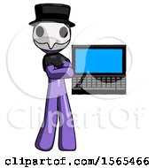 Purple Plague Doctor Man Holding Laptop Computer Presenting Something On Screen