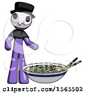Poster, Art Print Of Purple Plague Doctor Man And Noodle Bowl Giant Soup Restaraunt Concept