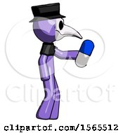 Purple Plague Doctor Man Holding Blue Pill Walking To Right