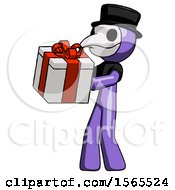 Poster, Art Print Of Purple Plague Doctor Man Presenting A Present With Large Red Bow On It