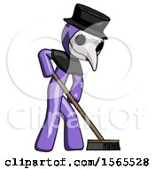 Poster, Art Print Of Purple Plague Doctor Man Cleaning Services Janitor Sweeping Side View