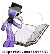 Purple Plague Doctor Man Reading Big Book While Standing Beside It