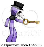 Poster, Art Print Of Purple Plague Doctor Man With Big Key Of Gold Opening Something