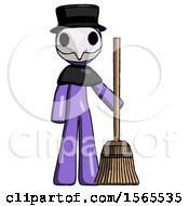 Purple Plague Doctor Man Standing With Broom Cleaning Services