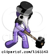 Poster, Art Print Of Purple Plague Doctor Man Hitting With Sledgehammer Or Smashing Something At Angle