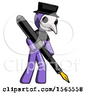 Poster, Art Print Of Purple Plague Doctor Man Drawing Or Writing With Large Calligraphy Pen