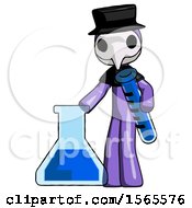 Poster, Art Print Of Purple Plague Doctor Man Holding Test Tube Beside Beaker Or Flask