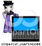 Poster, Art Print Of Purple Plague Doctor Man Beside Large Laptop Computer Leaning Against It