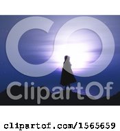 Clipart Of A Silhouetted Woman Wearing A Cloak And Standing On A Mountain Against A Night Sky Royalty Free Illustration