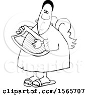 Clipart Of A Lineart Black Male Angel Playing A Lyre Royalty Free Vector Illustration