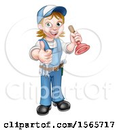 Clipart Of A Full Length Female Plumber Giving A Thumb Up And Holding A Plunger Royalty Free Vector Illustration