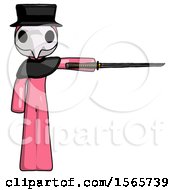 Poster, Art Print Of Pink Plague Doctor Man Standing With Ninja Sword Katana Pointing Right